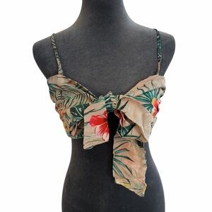 Lovers + Friends Beige Tropical Tie-Front Camisole with Green & Red Floral